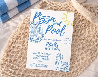 Pizza and Pool party 5x7 Invitation, Casual summer party, Birthday invite, Pool art doodle illustration, hand drawn pizza, Blue line art