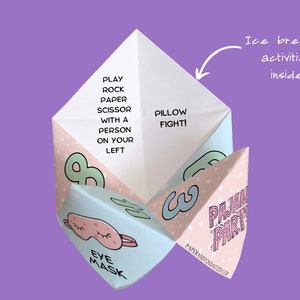 non candy birthday favor, printable goodie bag, cootie catcher, kid birthday activity, fortune teller, origami activity, ice breaker party activities, whirlybird, saltshaker, sleepover activity, slumber party, sleep under, pajama party