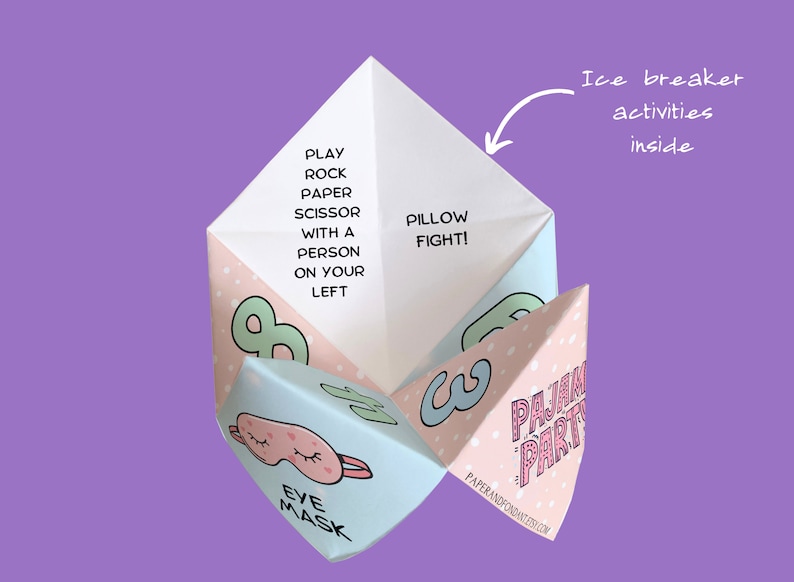 non candy birthday favor, printable goodie bag, cootie catcher, kid birthday activity, fortune teller, origami activity, ice breaker party activities, whirlybird, saltshaker, sleepover activity, slumber party, sleep under, pajama party