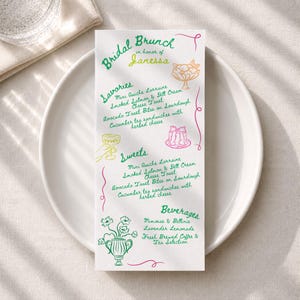 Whimsical Garden Bridal Brunch Menu | 4x9 template | Summer Spring Birthday Soiree | Hand drawn Italian Doodles | BWWH BCH25