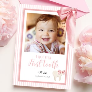 Faire-part bébé première dent, carte de dent rose, noeud coquette fille, jolie carte de dent pour la famille, modèle imprimable modifiable AH0250