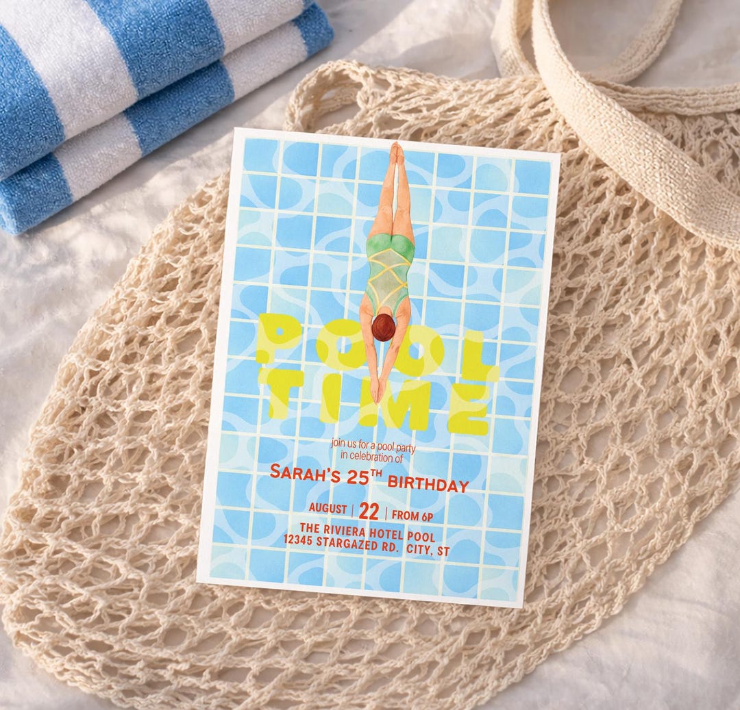 Retro Mod Pool Party Invitation | Groovy Dive Swimmer Abstract ...