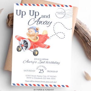 Thème anniversaire avion ours Up Up and Away, invitation numérique 5 x 7, carte postale aviation vintage, invitation de tout âge, modèle modifiable BDK BBR