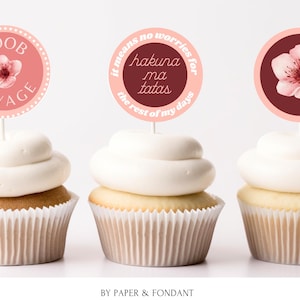 Topos para cupcake de 2 polegadas para mastectomia, vermelho e rosa, com cartão bônus, 12 etiquetas, estilo boho feminino, sobrevivente de câncer, download instantâneo para impressão FMM0250