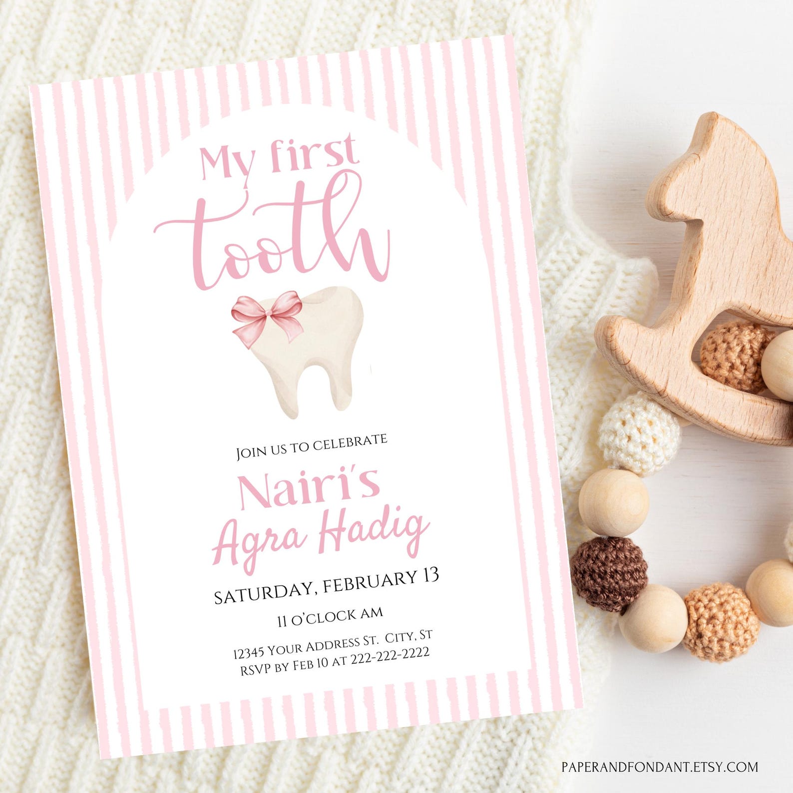 Baby First Tooth Party Invitation,pink Tooth Celebration Invite, for ...