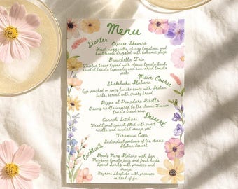 Spring Wildflower 5x7 Menu template, Rustic Handwritten restaurant menu, Colorful blooms, Garden Party, Birthday Bridal Wedding, BCH25