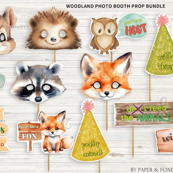 Photo Booth props Woodland Forest Friends Bundle Printable props with our Woodland eye masks, Nature theme party, Instant download WD100