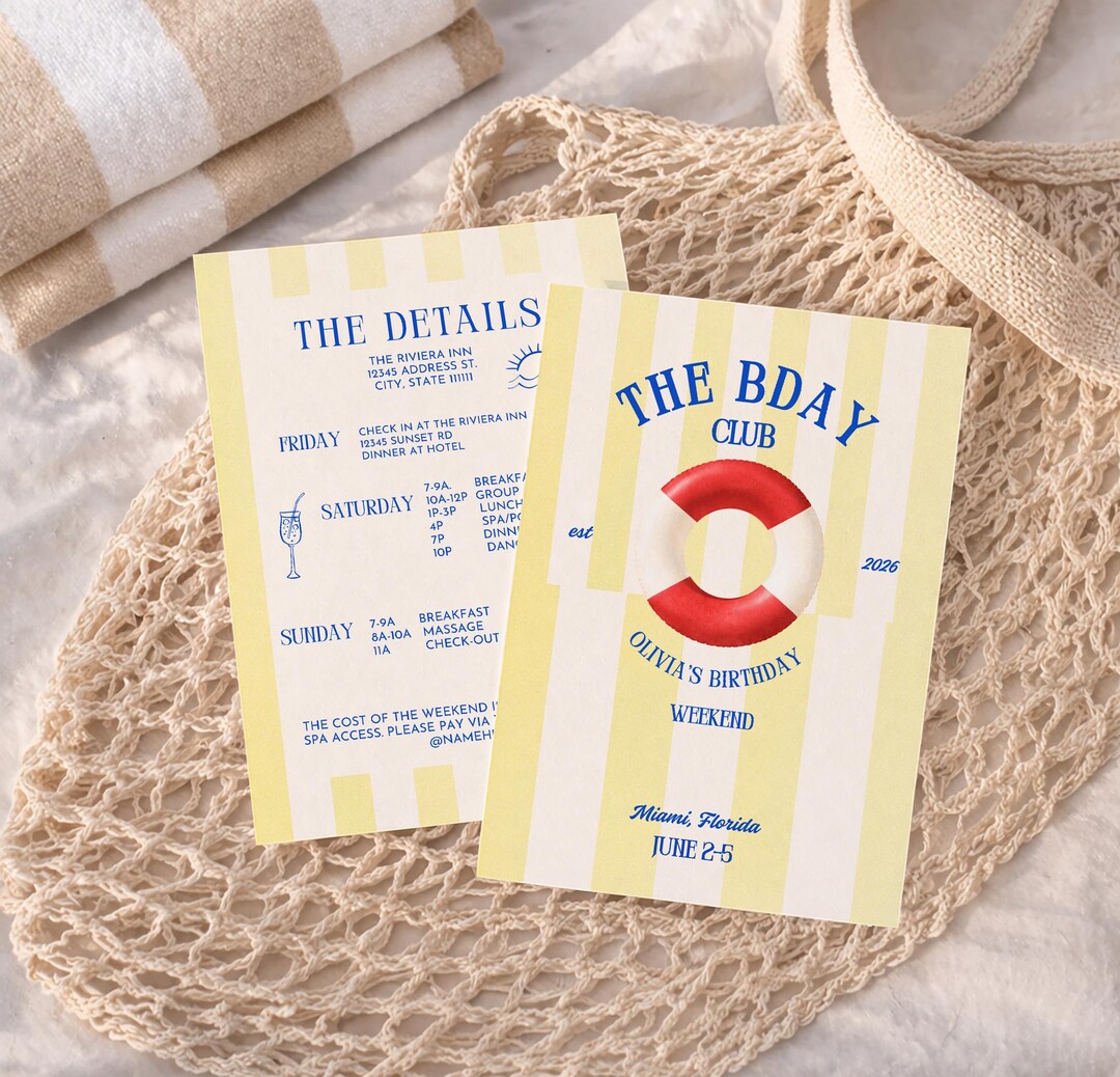 Birthday Weekend Itinerary Invitation | Nautical Cabana Yellow Stripe ...
