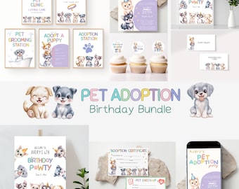 May include: A collection of pet adoption party supplies. Includes signs with phrases like "Pet Clinic" and "Adopt a Puppy", invitations, cupcake toppers, and a phone screen design. The theme is illustrated with watercolor puppies and kittens.