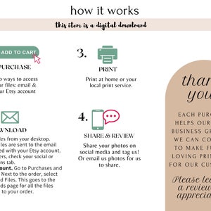 May include: A digital download infographic with four steps: add to cart, download, print, and share & review. The infographic has a light green background with white text. The text "thank you!" is in a brown arch with white text. The text says "Each purchase helps our small business grow, so we can continue to make fun and loving printables for our customers. Please leave us a review! We appreciate it!"