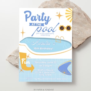 May include: A pool party invitation with blue and yellow graphics. The text says "Party at the pool" and details a 16th birthday celebration. Features a pool illustration, sunglasses, and a retro arrow design.