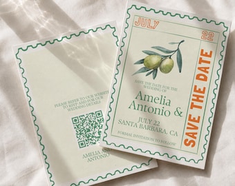 May include: Two rectangular save the date cards with a green scalloped border. The front features an olive branch illustration, the text JULY 22, SAVE THE DATE, AMELIA & ANTONIO, and SANTA BARBARA, CA. The back includes a QR code and website instructions.