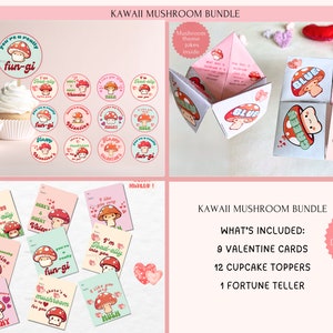 Kawaii Mushroom Valentine BUNDLE, Valentine card, Cupcake Topper, Fortune teller set , Printable, Instant Download  VC0250