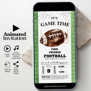 Zaproszenie na imprezę z oglądaniem meczu piłkarskiego w formie animowanego filmu, zaproszenie na ważny mecz, spotkanie fanów futbolu amerykańskiego, edytowalny szablon cyfrowy WP25