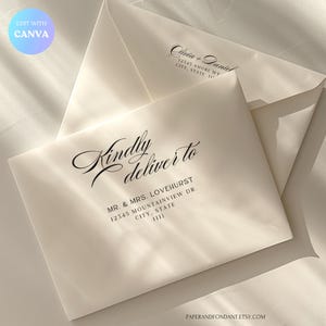 Puede incluir: Dos sobres blanquecinos con caligrafía negra. Uno dice "Kindly deliver to" con una dirección. El otro tiene nombres y una dirección. El logotipo de Canva está en la esquina superior izquierda.