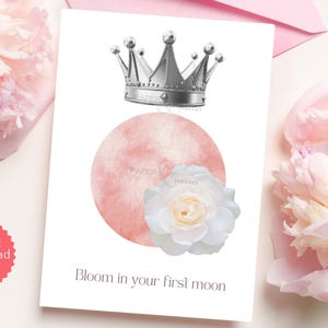 Floresça na sua primeira lua, cartão dobrável para o primeiro período das meninas, cartão positivo para o período, download instantâneo para impressão FM0150