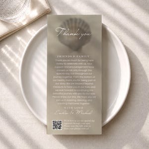 Chic Coastal Shell Welcome Thank You Card, QR code, 4x9 template, Seashell Place Setting Card, Modern Bronze, Printable Reception Note TY