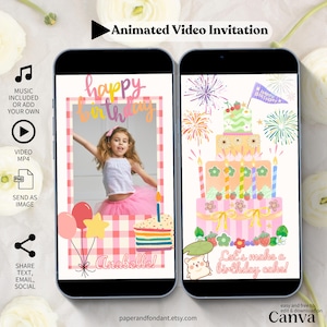 Cartão de aniversário animado com vídeo de celebração, com foto musical, cartão festivo colorido personalizado, bolo de aniversário, modelo digital editável BC25