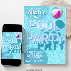 Puede incluir: Una invitación a una fiesta en la piscina con el texto "Aliah's 18th Birthday" y "Pool Party" en letras grandes de burbujas. Se incluye un gráfico de pelota de playa. La invitación se muestra en un teléfono y una tarjeta más grande.