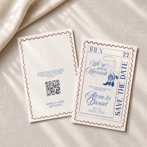 Cowboy Save the Date Postkarte | 4x6 A6 QR-Code | Vintage Stiefel Lasso Illustration | Blau Braun | Bearbeitbare Vorlage BCH25 STDW