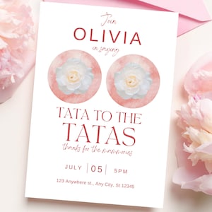Invitation mastectomie 5 x 7, Roses Tata to the Tatas Invitation pour chirurgie mammaire féminine, humour cancer, invitation modifiable personnalisée FMM0250
