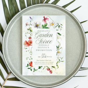 Modèle d'invitation 5 x 7 fleurs sauvages soirée de jardin, faire-part floral élégant classique, anniversaire, promotion, retraite, modèle imprimable modifiable