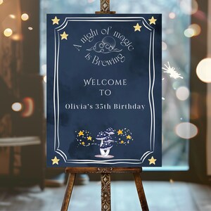 Celestial Magic Editable Birthday 18x24 Party Sign, poster blu vintage in stile Art Nouveau, fungo della notte stellata, stampabile digitale MG0250