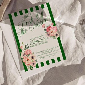 Klassiek vers van de markt vrijgezellenfeest, 5 x 7 bewerkbare uitnodiging, thema elegante bloemenmarkt, oud geld esthetiek, digitale sjabloon BCH25
