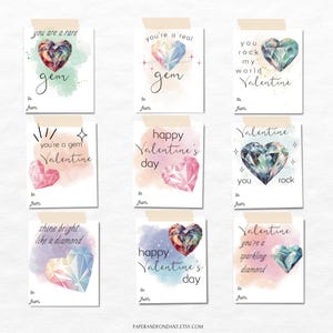 Tarjeta de San Valentín con piedras preciosas, citas de amor con piedras preciosas, ilustración de corazón para San Valentín, corazones de diamantes, tarjetas imprimibles, descarga instantánea VC25