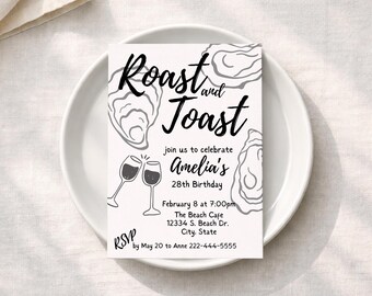Hand Drawn Oyster Roast and Toast 5x7 Invitation Template, Coastal Celebration, Black Illustration, Editable Printable Template OR25