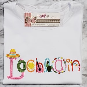Personalized Mexican Fiesta Kids Shirt: Embroidered Sombrero & Guitar
