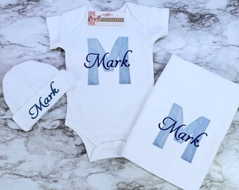 Blue Embroidered Name Baby Boy Outfit: Personalized Newborn Set