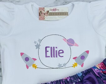 Embroidered Space Rocket Birthday Shirt: Personalized Galaxy Outfit