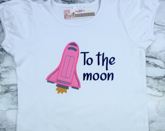 Embroidered Space Birthday Shirt: Pink Rocket, Galaxy Design