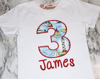 Embroidered Lighthouse Birthday Shirt: Nautical Number Shirt
