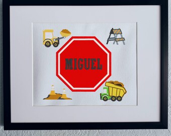 Personalized Embroidered Construction Nursery Art: Stop Sign, Trucks, Name