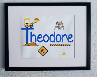 Personalized Construction Truck Embroidery Art: Kids Room Decor