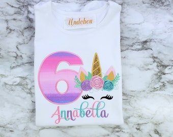 Embroidered Unicorn Birthday Shirt, Rainbow Glitter, Personalized Girls Outfit
