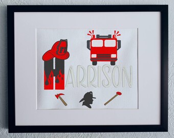 Personalized Firefighter Embroidery: Custom Name, Fire Truck Decor