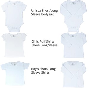 May include: A collection of white blank apparel including short and long sleeve bodysuits, puff sleeve shirts, and standard shirts. Text labels include Unisex Short/Long Sleeve Bodysuit, Girl's Puff Shirts Short/Long Sleeve, and Boy's Short/Long Sleeve Shirts.