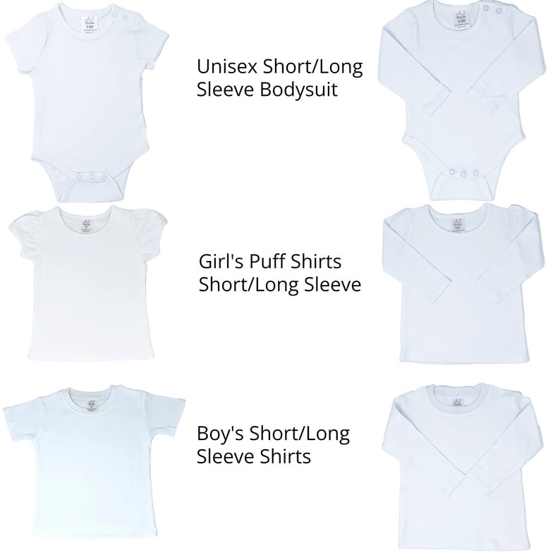May include: A collection of white blank apparel including short and long sleeve bodysuits, puff sleeve shirts, and standard shirts. Text labels include Unisex Short/Long Sleeve Bodysuit, Girl's Puff Shirts Short/Long Sleeve, and Boy's Short/Long Sleeve Shirts.