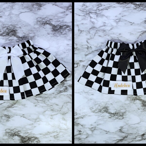 Chess Board Birthday Skirt/Racing Winning Flag Skirt/Racing Party Girl Skirt/Skirt Chess Board with Bow in White color or Black/Queen Skirt