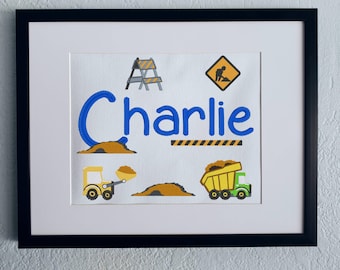 Personalized Construction Truck Embroidery Art: Kids Room Decor
