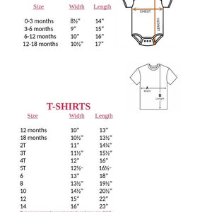 May include: A size chart for bodysuits and t-shirts featuring line drawings of each garment. The bodysuit section lists sizes 0-3 months to 12-18 months with width and length in inches. The t-shirt section lists sizes 12 months to 14 with measurements.