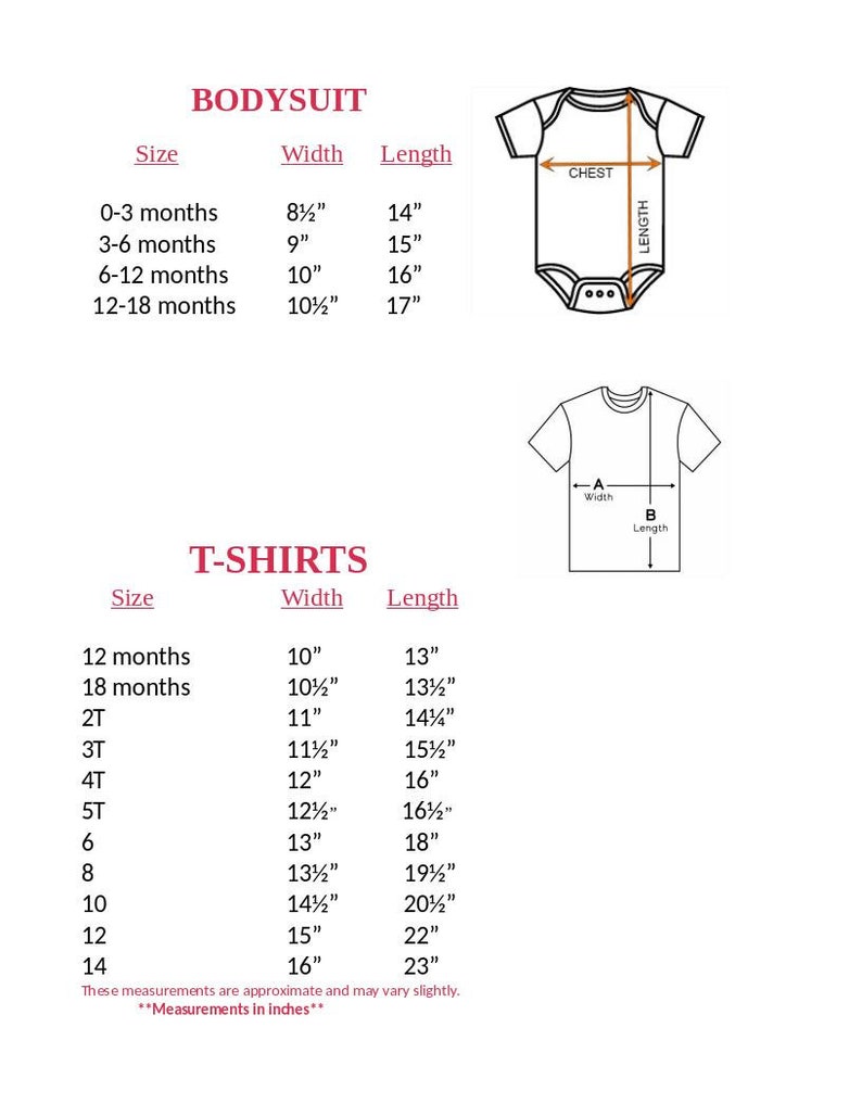 May include: A size chart for bodysuits and t-shirts featuring line drawings of each garment. The bodysuit section lists sizes 0-3 months to 12-18 months with width and length in inches. The t-shirt section lists sizes 12 months to 14 with measurements.