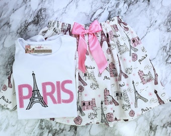 Paris City of Love Shirt and Skirt Design Outfit/Pink Eiffel Tower Glitter/French Love Paris Party Dress/Europe Outfit/Love Paris/France