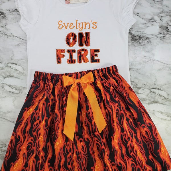 Girl on Fire Shirt and Skirt Print Outfit/On Fire Shirt and Matching Flame Skirt/On Fire Girl Dress/On Fire Party Design Outfit/On Fire girl