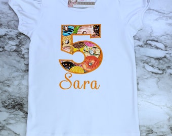 Donut Birthday Shirt: Embroidered Number Outfit, Personalized Party Tee