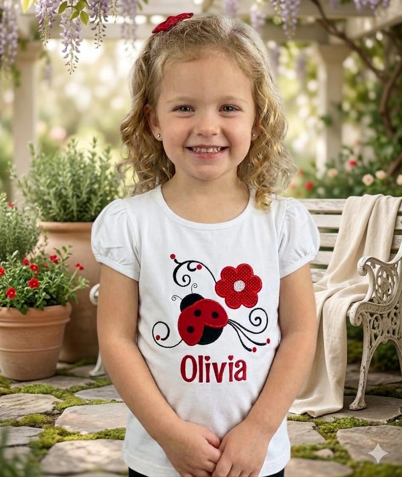 May include: A white short-sleeved t-shirt featuring a red and black ladybug graphic, a red flower, black swirling vine details, and the name Olivia embroidered in red lettering across the center of the chest area.