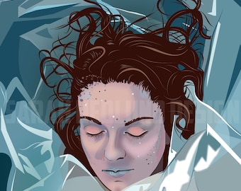 May include: A woman with brown hair lies face up in a clear plastic bag. Her eyes are closed and her face is covered in small, dark spots. The plastic bag is translucent and has a blue tint.
